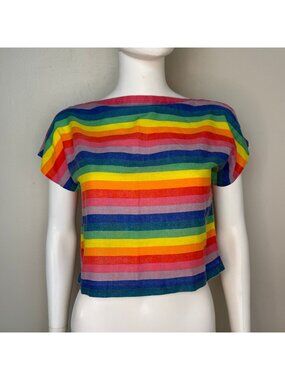 Vintage 1980s Rainbow Stripe Boxy Crop Top, Handmade Size XS/Small